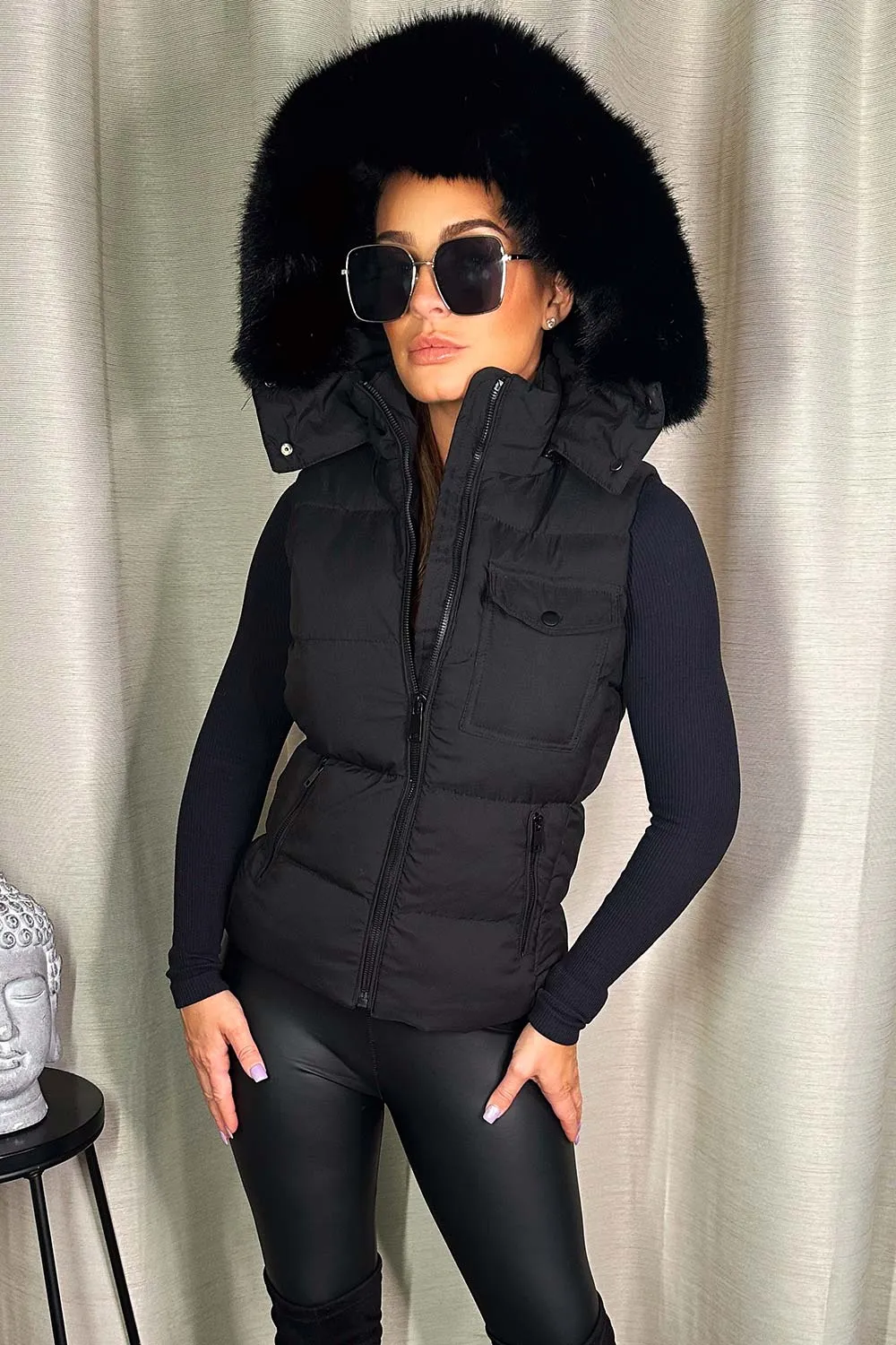 Black Gilet With Faux Fur Hood