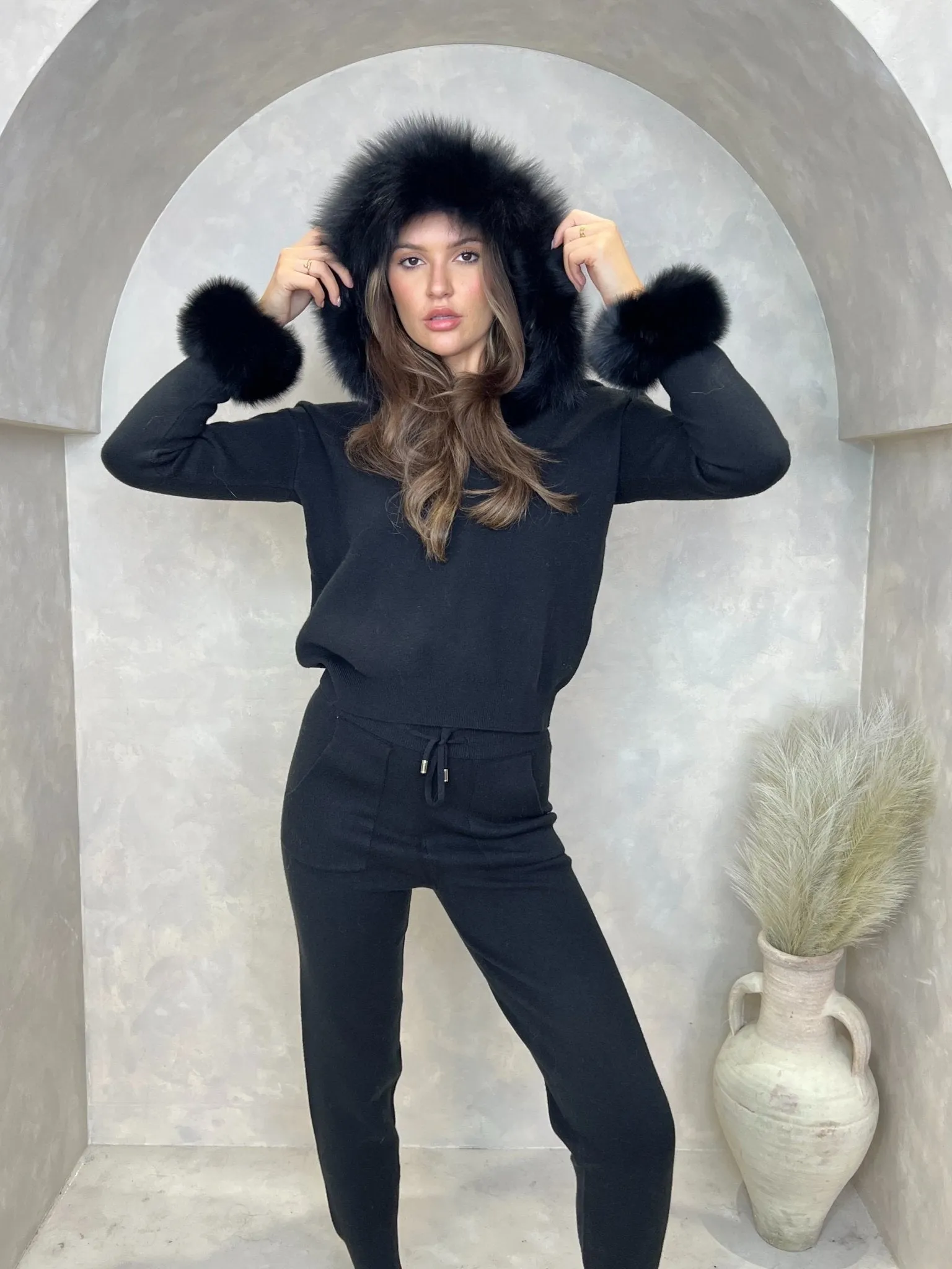 Black Luxury Fur Trim Hood & Cuff Jogger Tracksuit