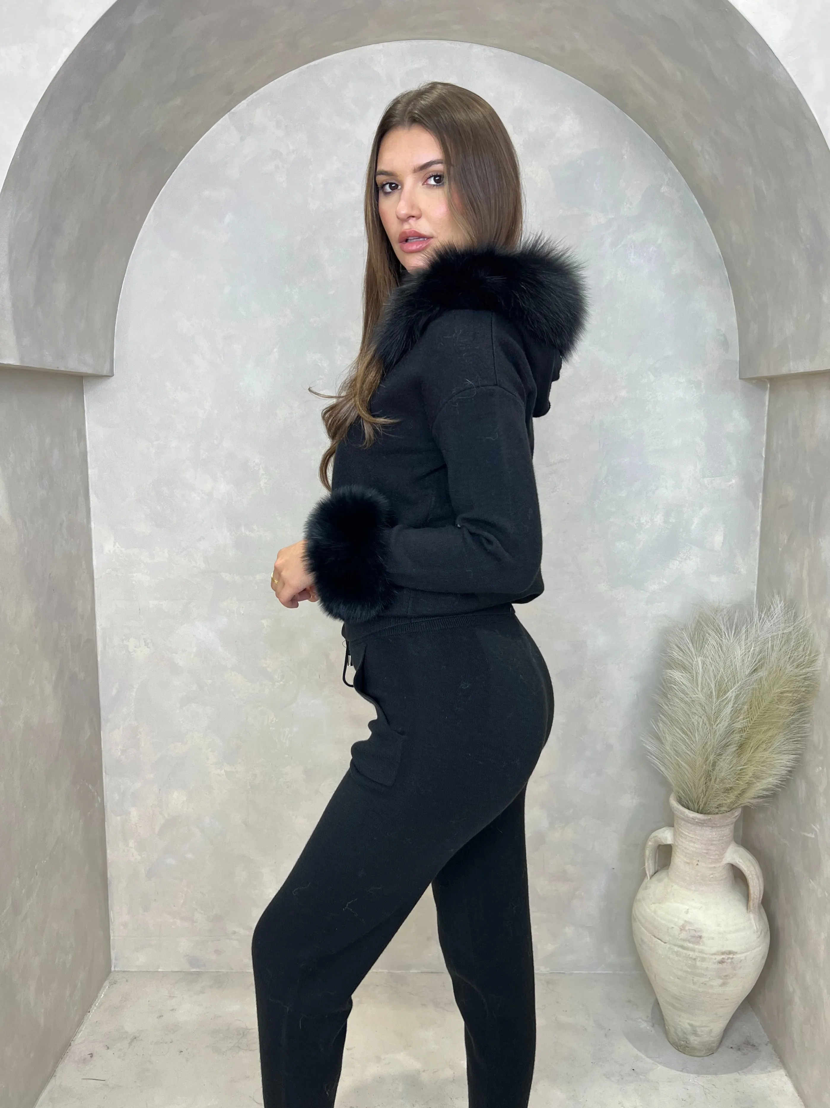 Black Luxury Fur Trim Hood & Cuff Jogger Tracksuit