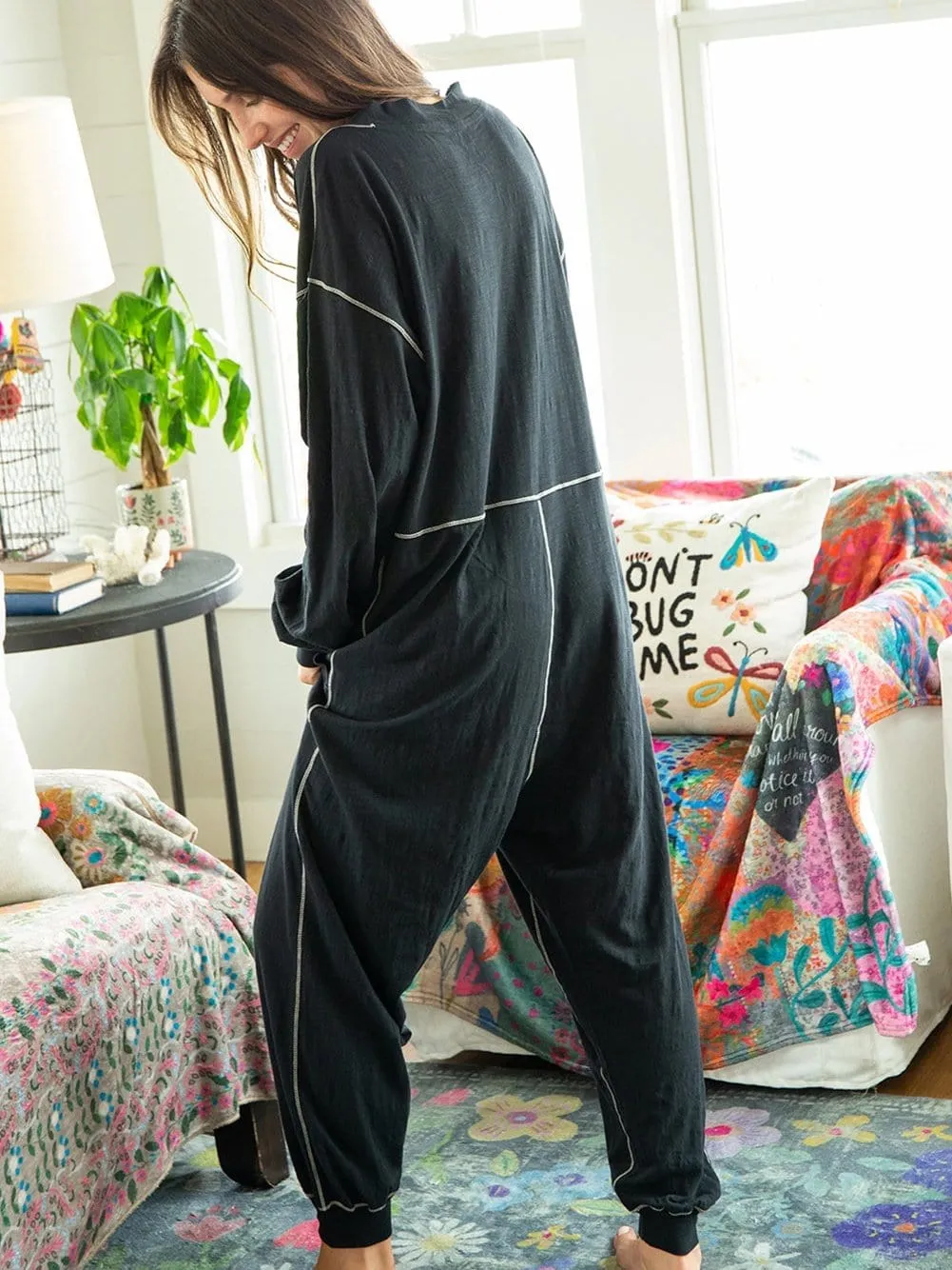 Black Maxi Jumpsuit with Hood and Contrast Stitching