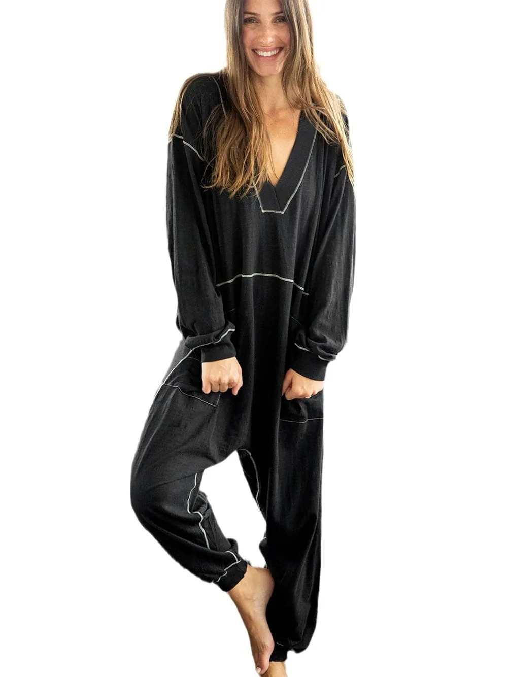 Black Maxi Jumpsuit with Hood and Contrast Stitching