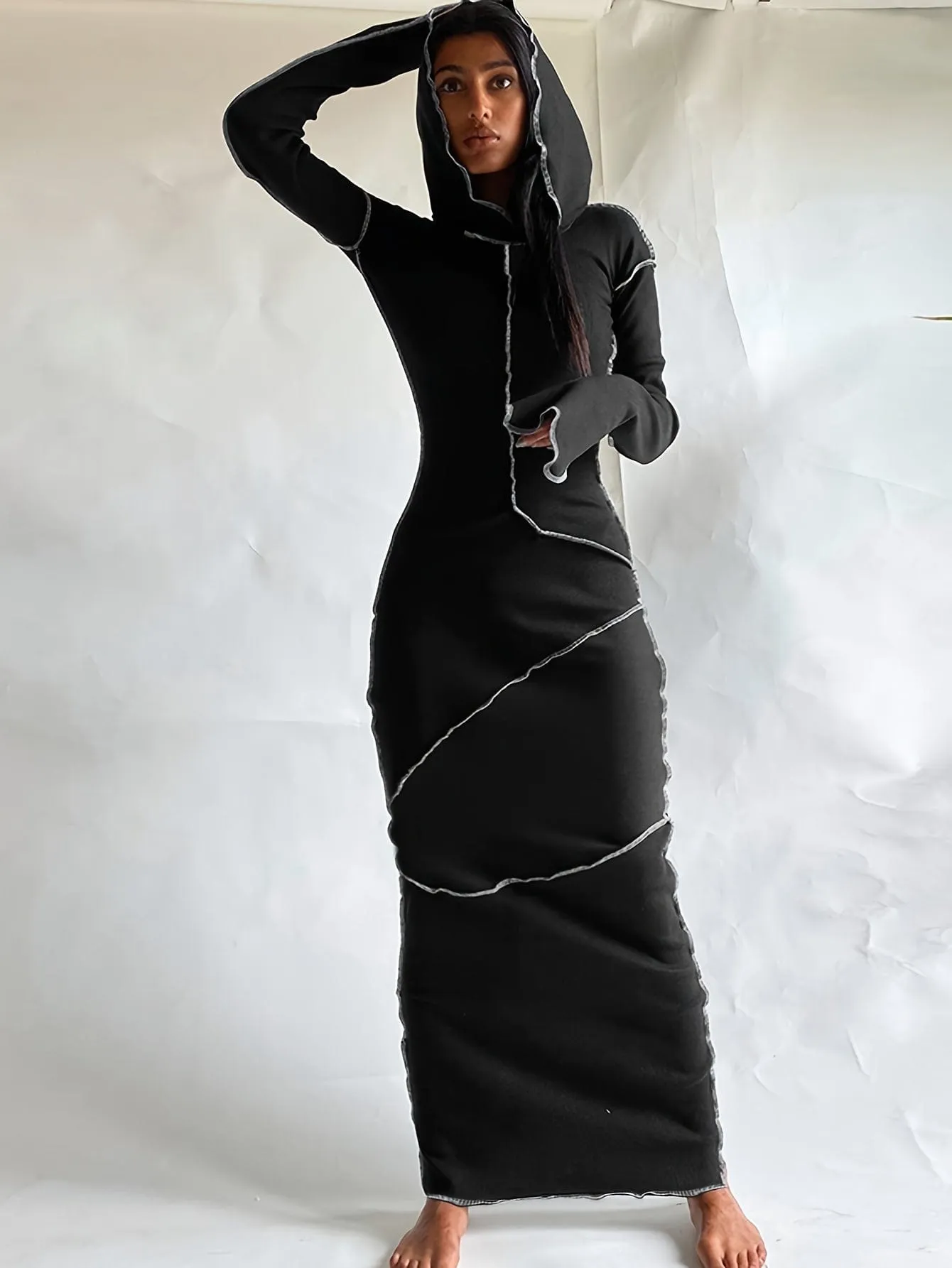 Black Maxi Jumpsuit with Hood and Contrast Stitching