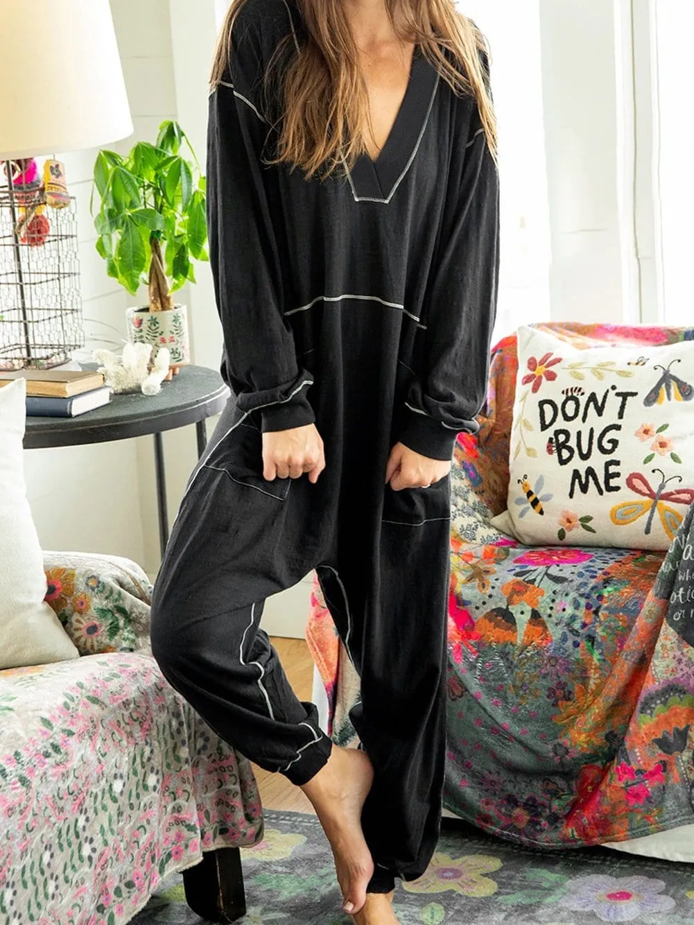 Black Maxi Jumpsuit with Hood and Contrast Stitching