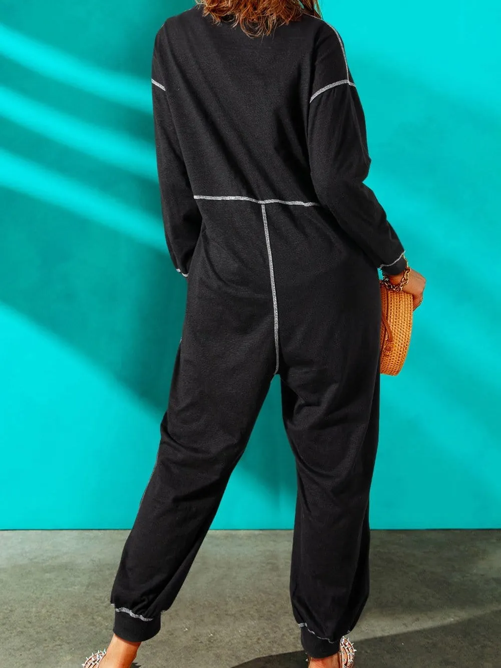 Black Maxi Jumpsuit with Hood and Contrast Stitching