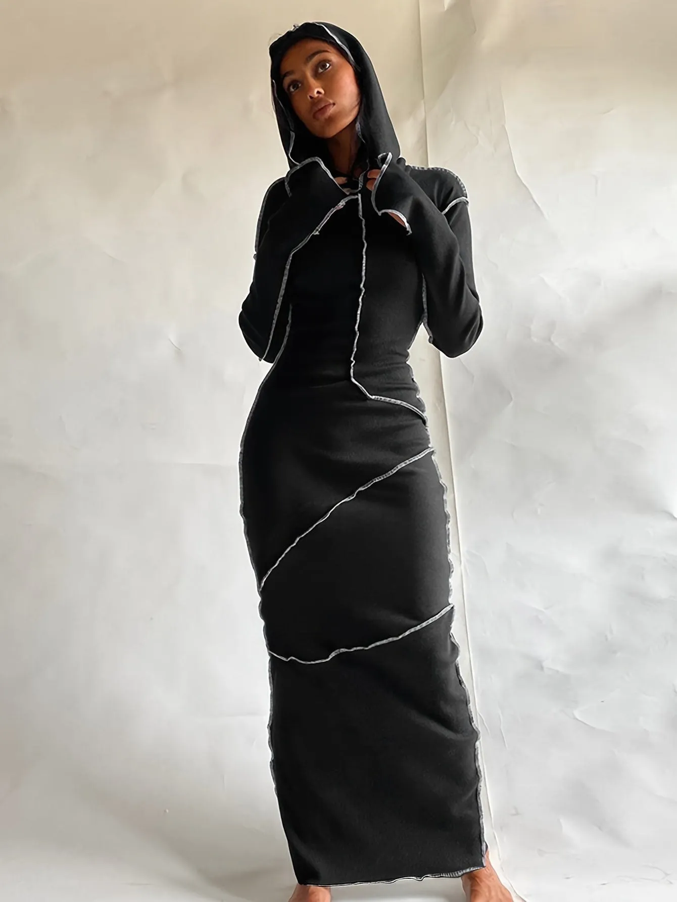 Black Maxi Jumpsuit with Hood and Contrast Stitching