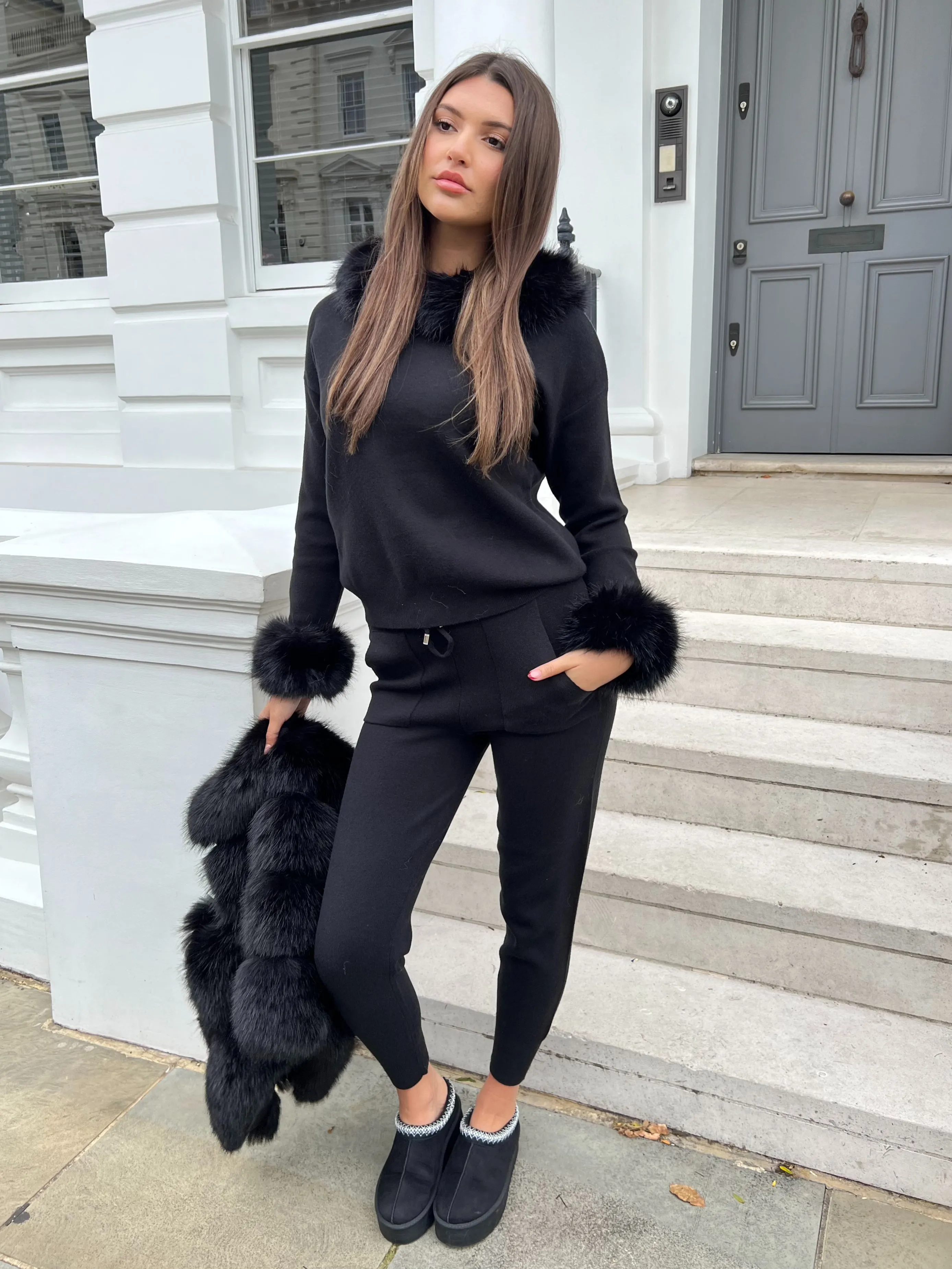 Black Premium Faux Fur Trim Hood & Cuff Jogger Tracksuit