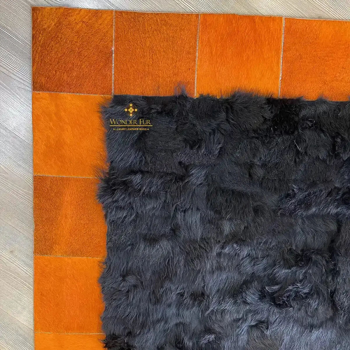 Black Sheepskin with Orange Cowhide Sides Area Rug