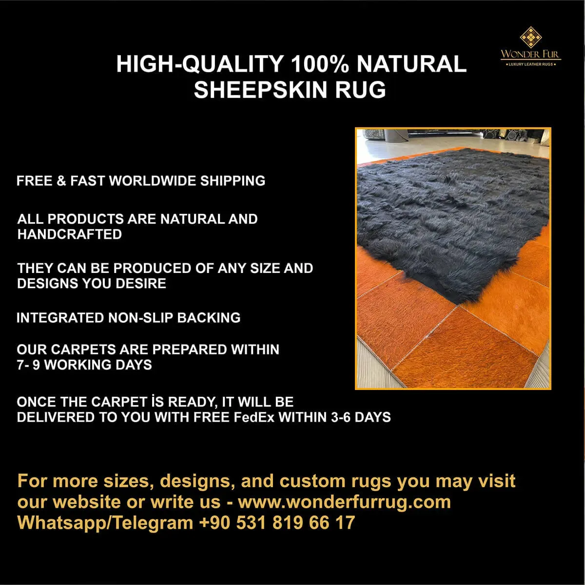 Black Sheepskin with Orange Cowhide Sides Area Rug