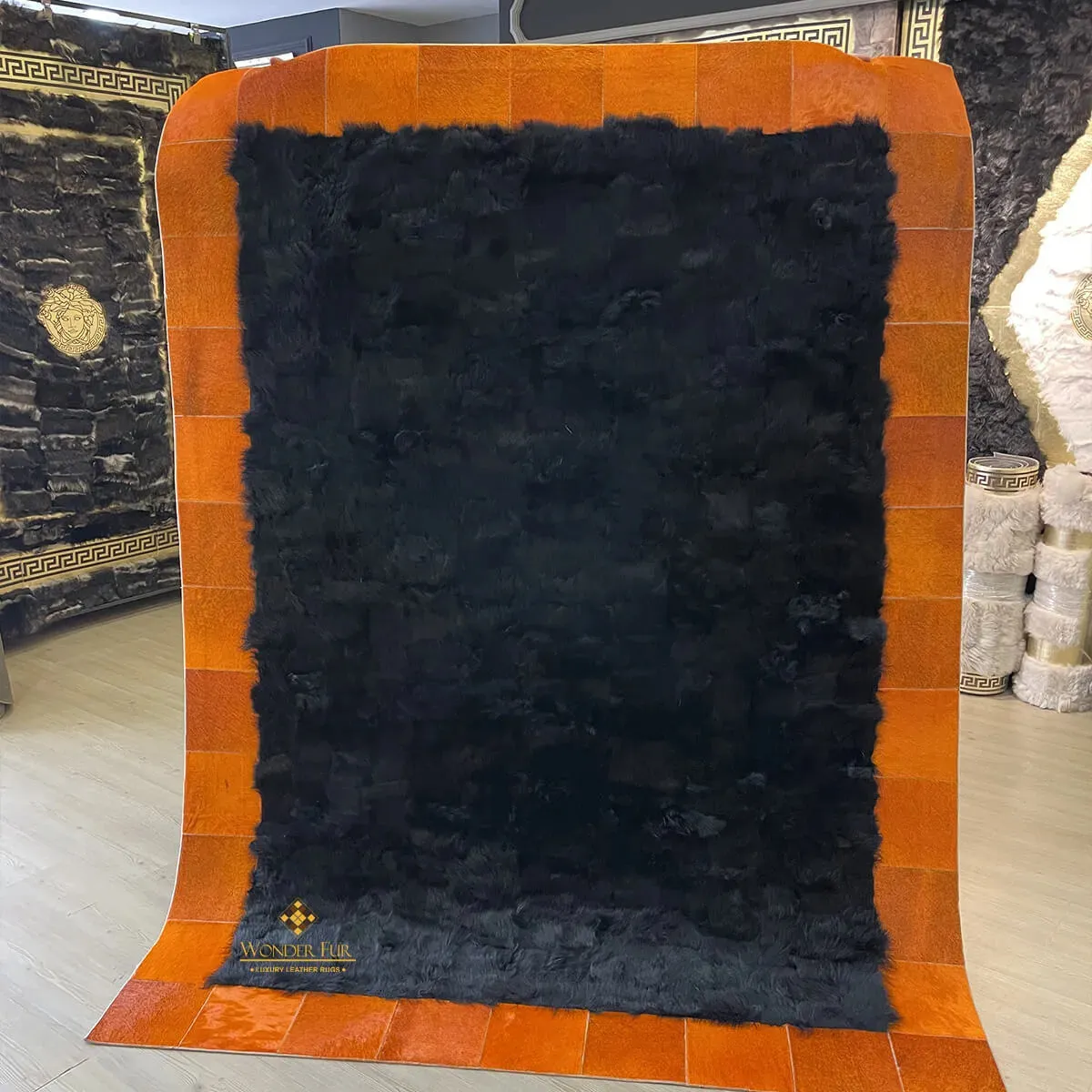 Black Sheepskin with Orange Cowhide Sides Area Rug