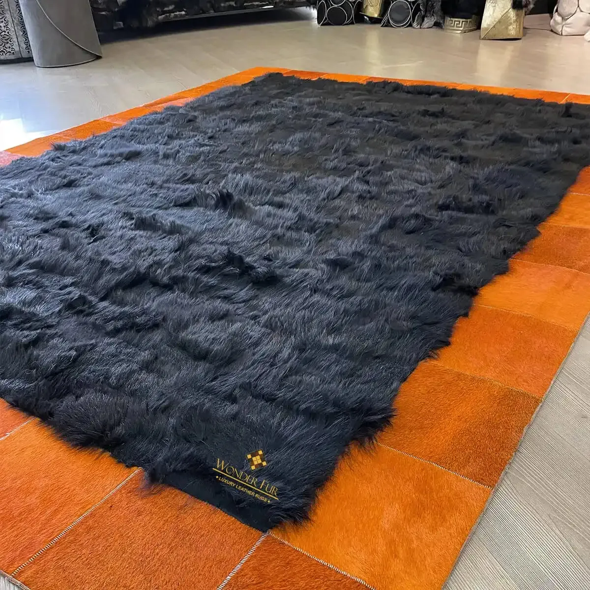 Black Sheepskin with Orange Cowhide Sides Area Rug