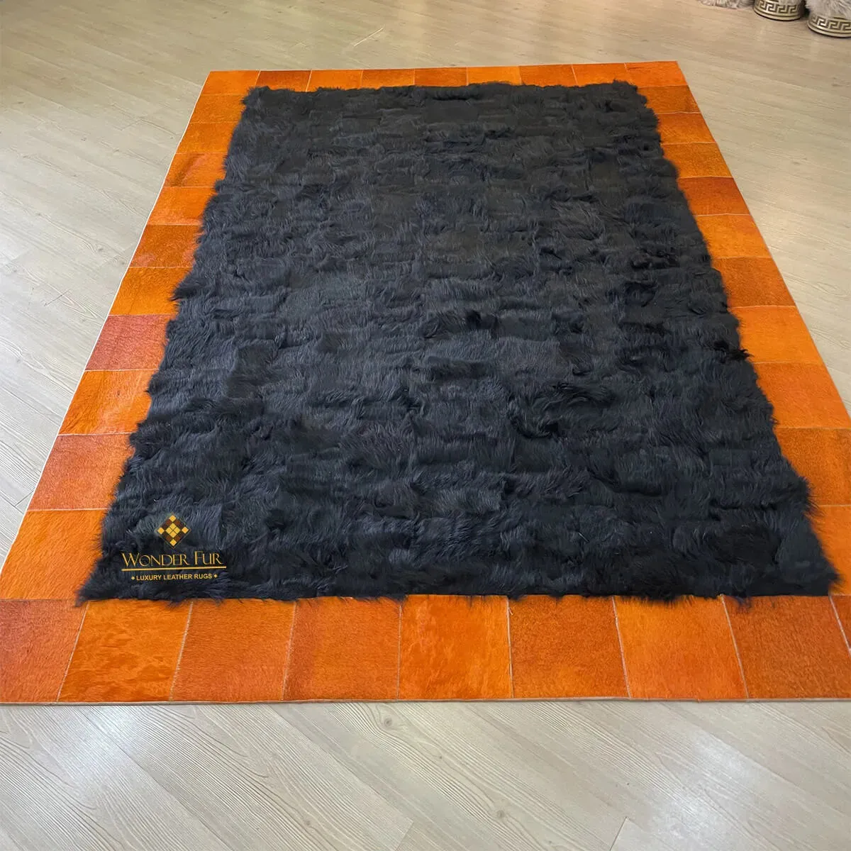 Black Sheepskin with Orange Cowhide Sides Area Rug