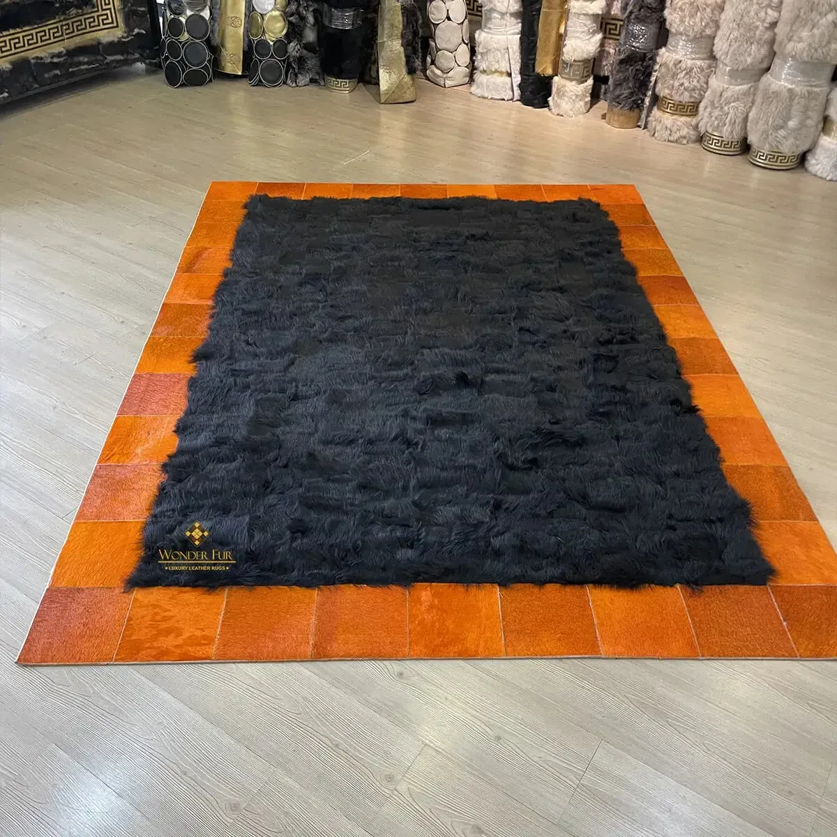 Black Sheepskin with Orange Cowhide Sides Area Rug