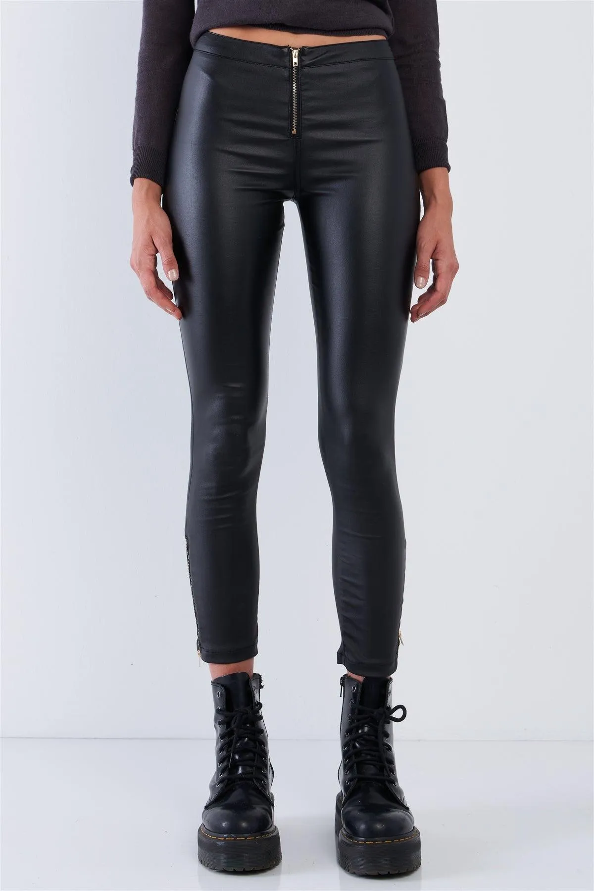 Black Vegan Leather High Waisted Slim Fit Front Zipper Detail Pants /2-2-2