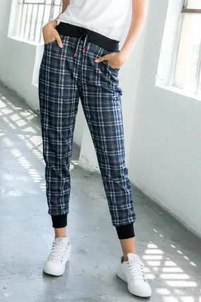 Blue Jazz Plaid Print High Waisted Drawstring Jogger