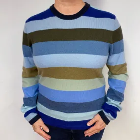 Blue Striped Cashmere Crew Neck Jumper Large