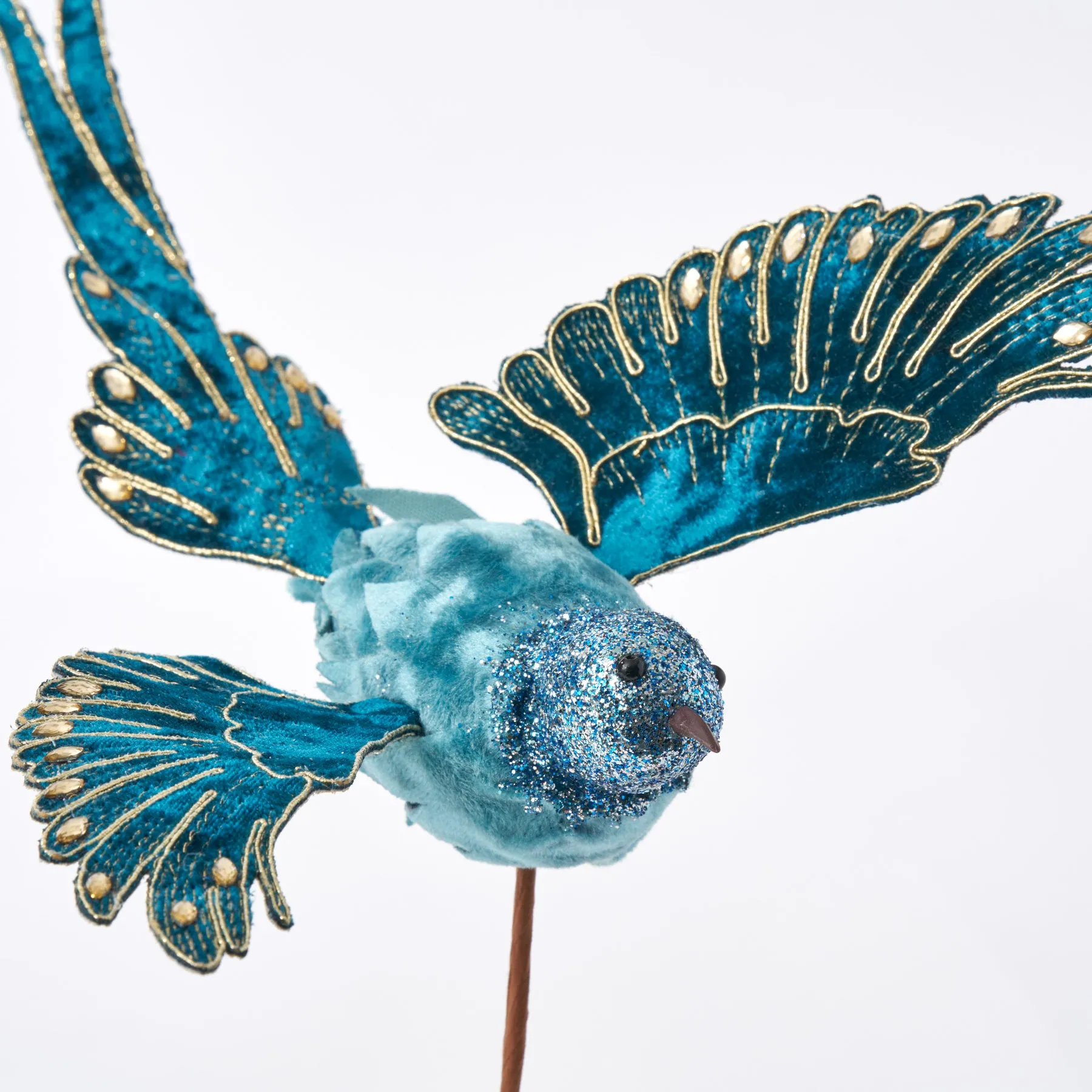 Blue Velvet Holiday Hummingbird with Gold Metallic Glitter Detailing Christmas Ornament on Pick