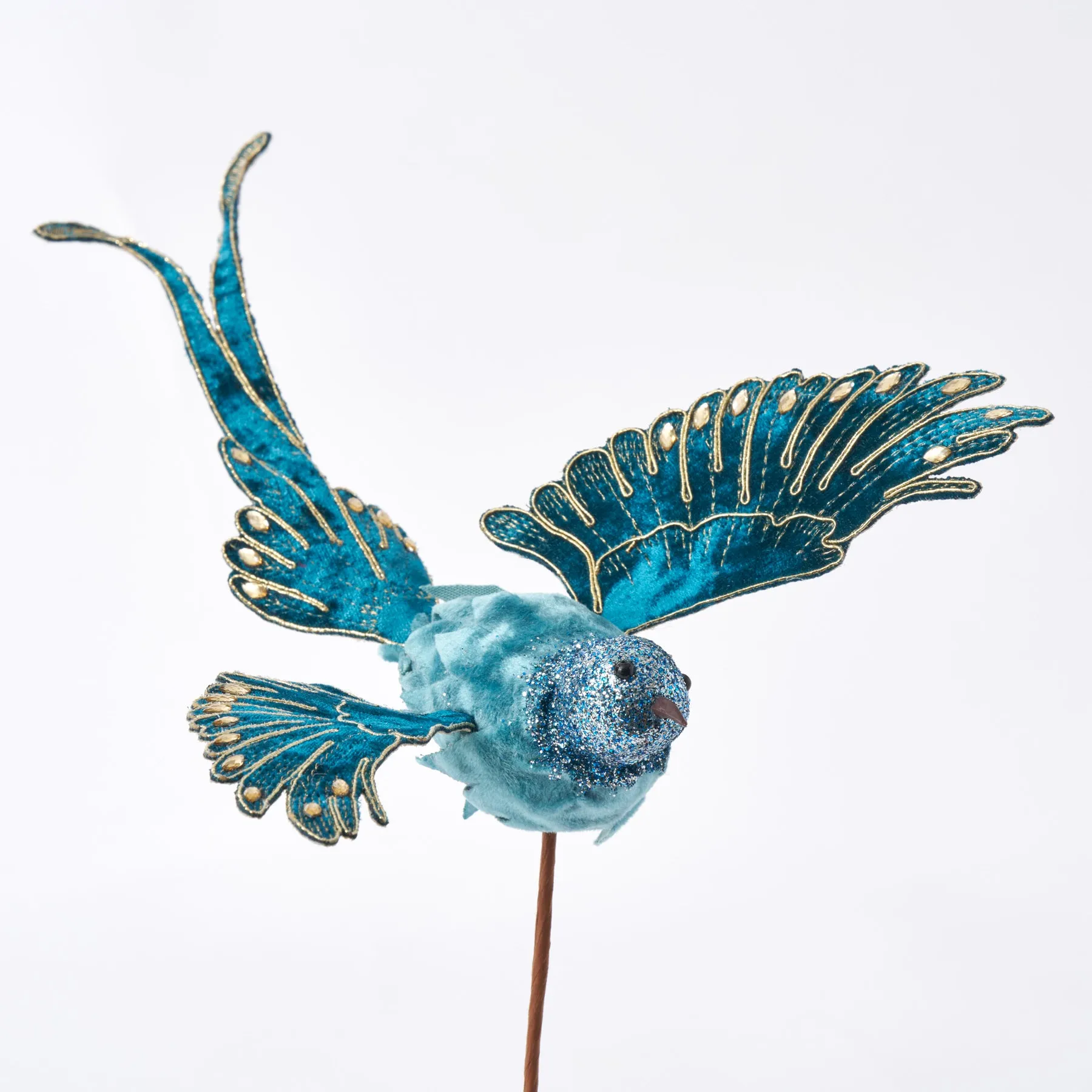 Blue Velvet Holiday Hummingbird with Gold Metallic Glitter Detailing Christmas Ornament on Pick