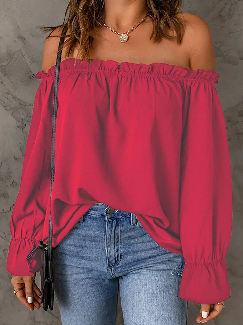 Boho Off the Shoulder Solid Color Peasant Top