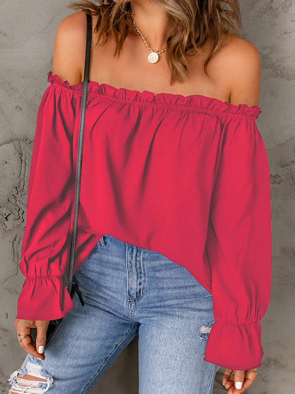 Boho Off the Shoulder Solid Color Peasant Top