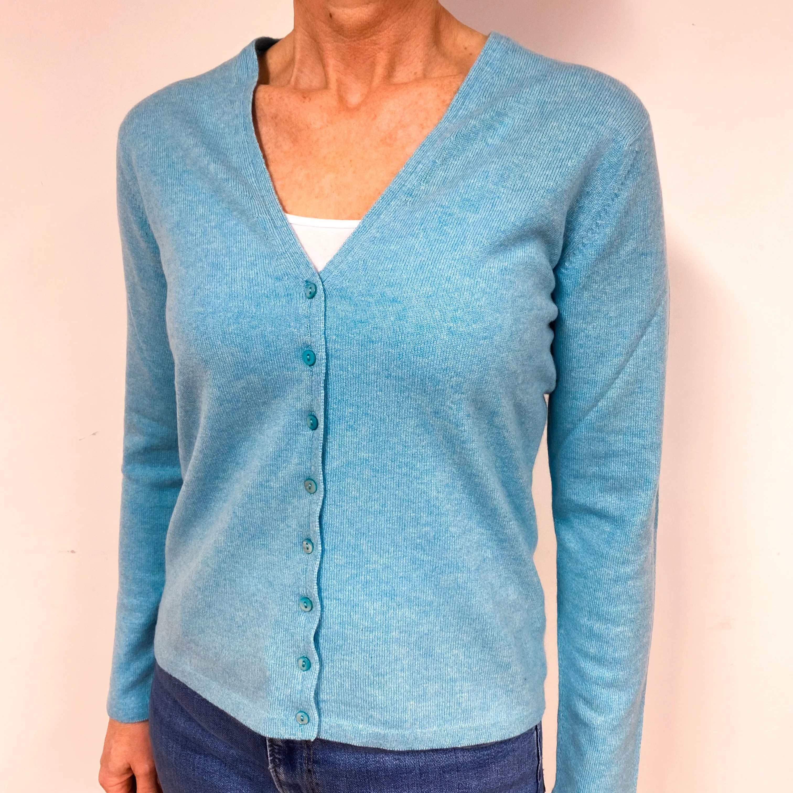 Brora Aqua Blue Cashmere V-Neck Cardigan Medium