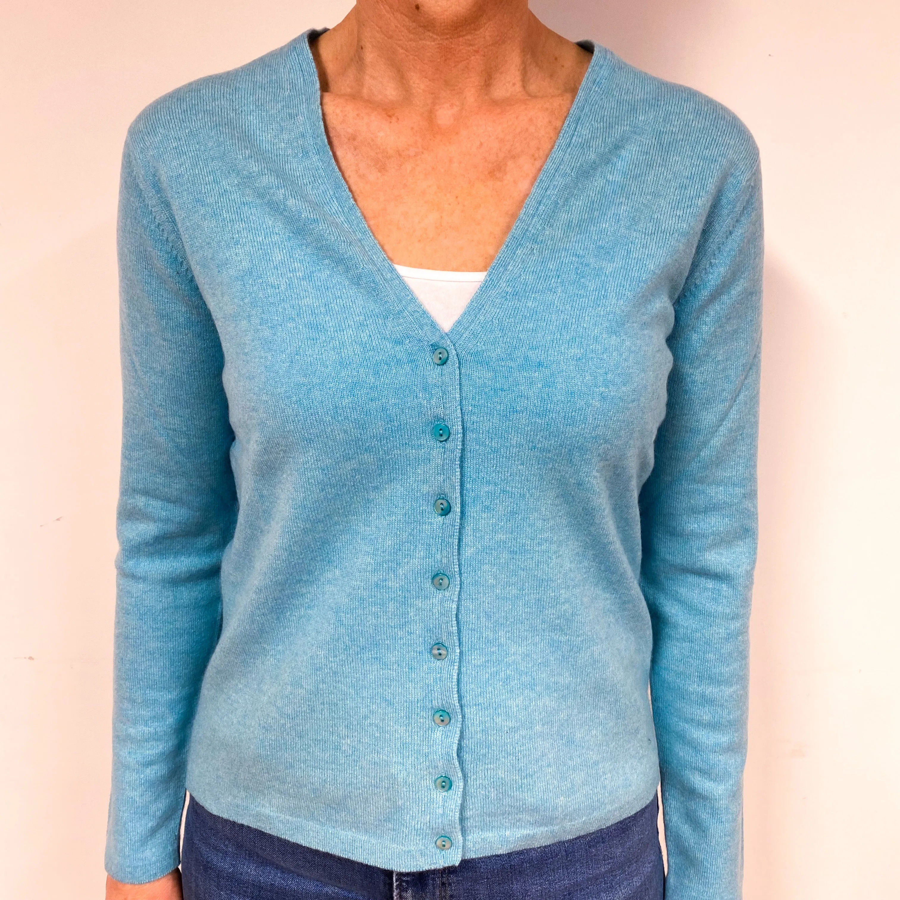 Brora Aqua Blue Cashmere V-Neck Cardigan Medium