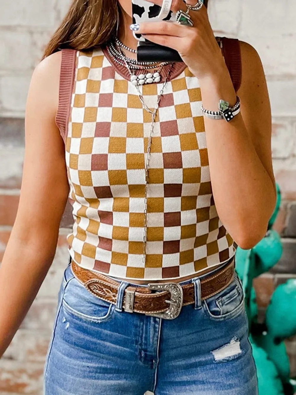 Brown Plaid Cropped Sleeveless Sweater Vest