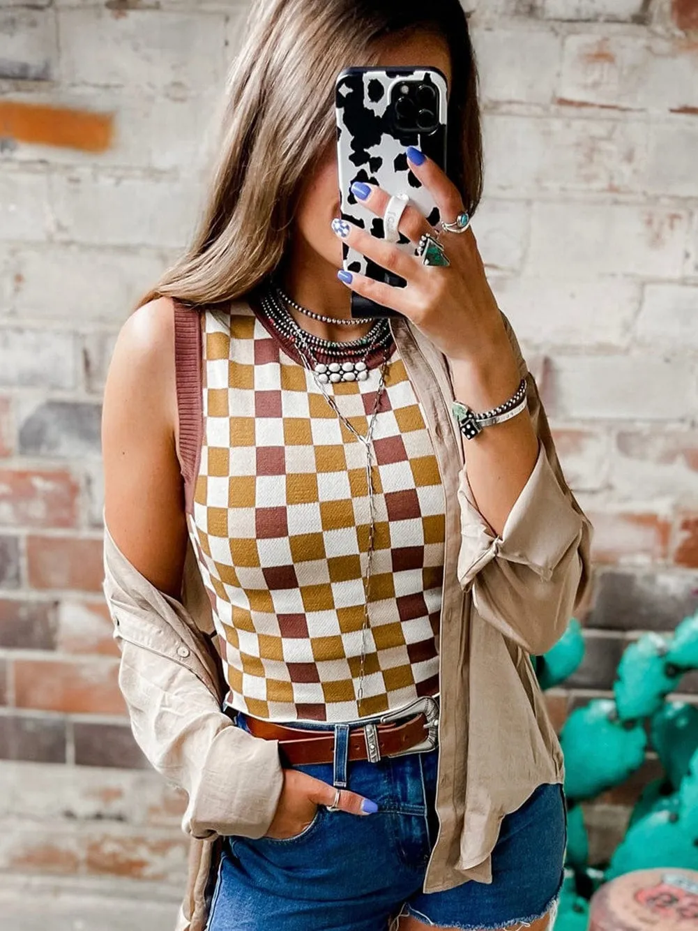 Brown Plaid Cropped Sleeveless Sweater Vest