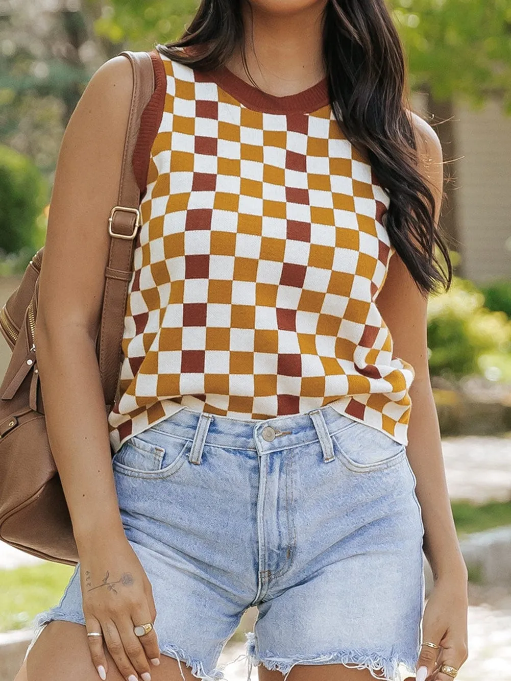 Brown Plaid Cropped Sleeveless Sweater Vest