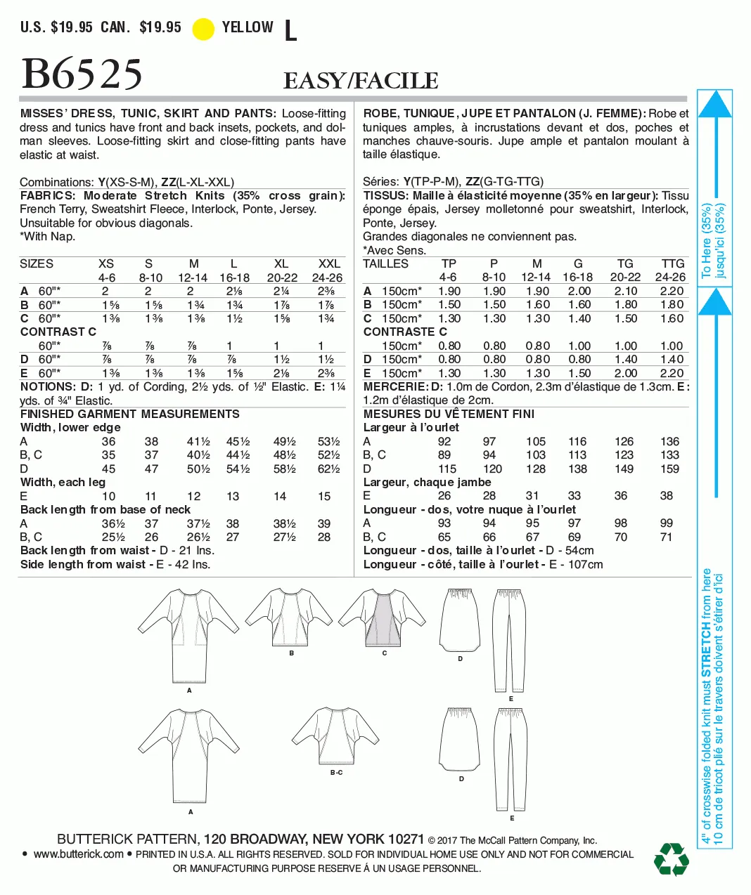 Butterick Pattern B6525 Misses' Knit Dress and Tunic, Skirt, and Pants