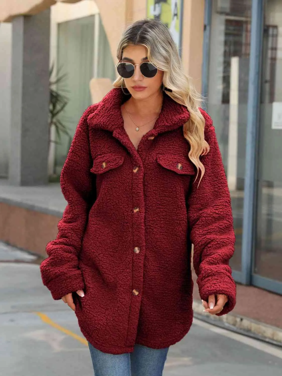 Button Down Collared Sherpa Coat