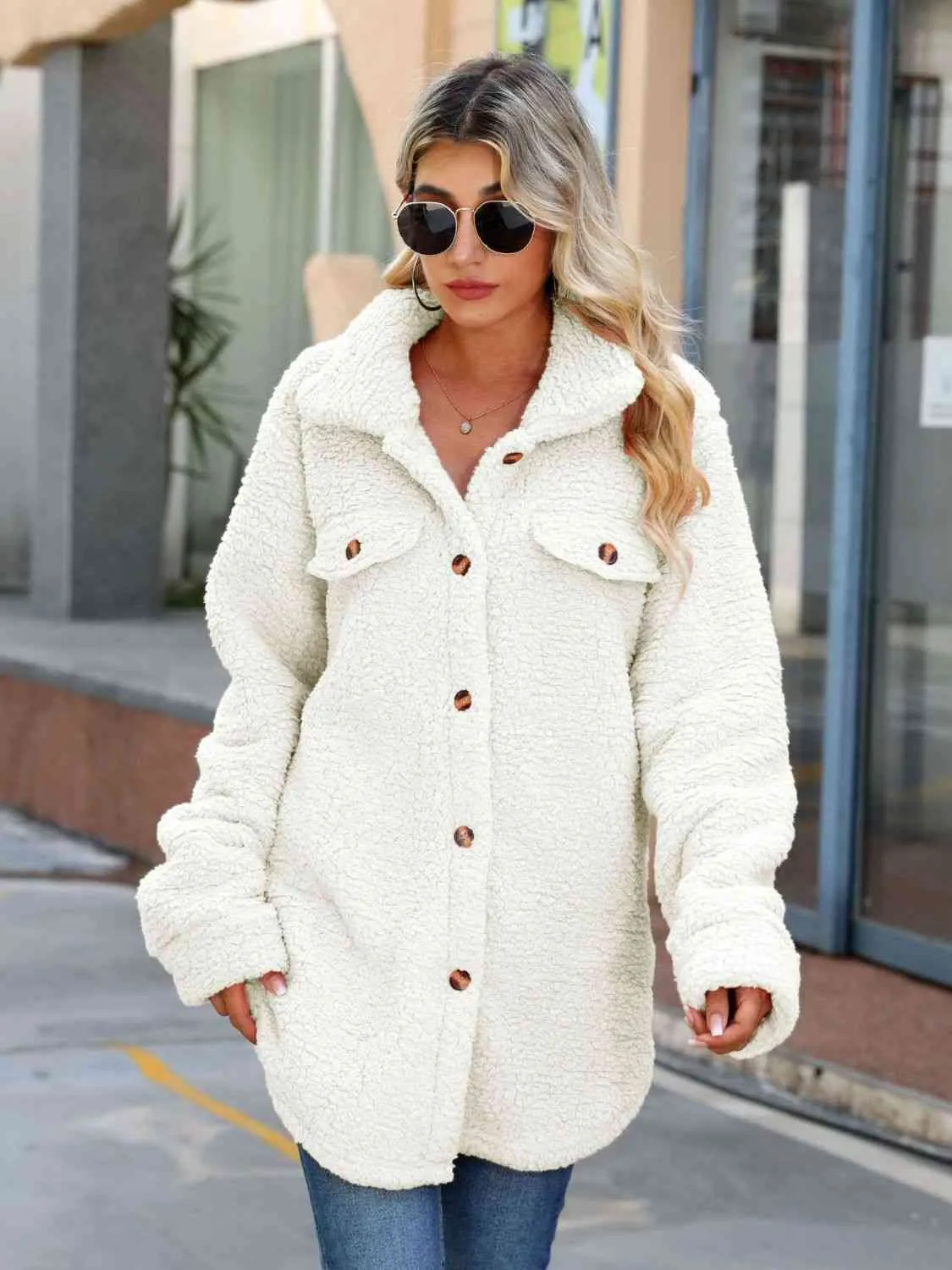 Button Down Collared Sherpa Coat