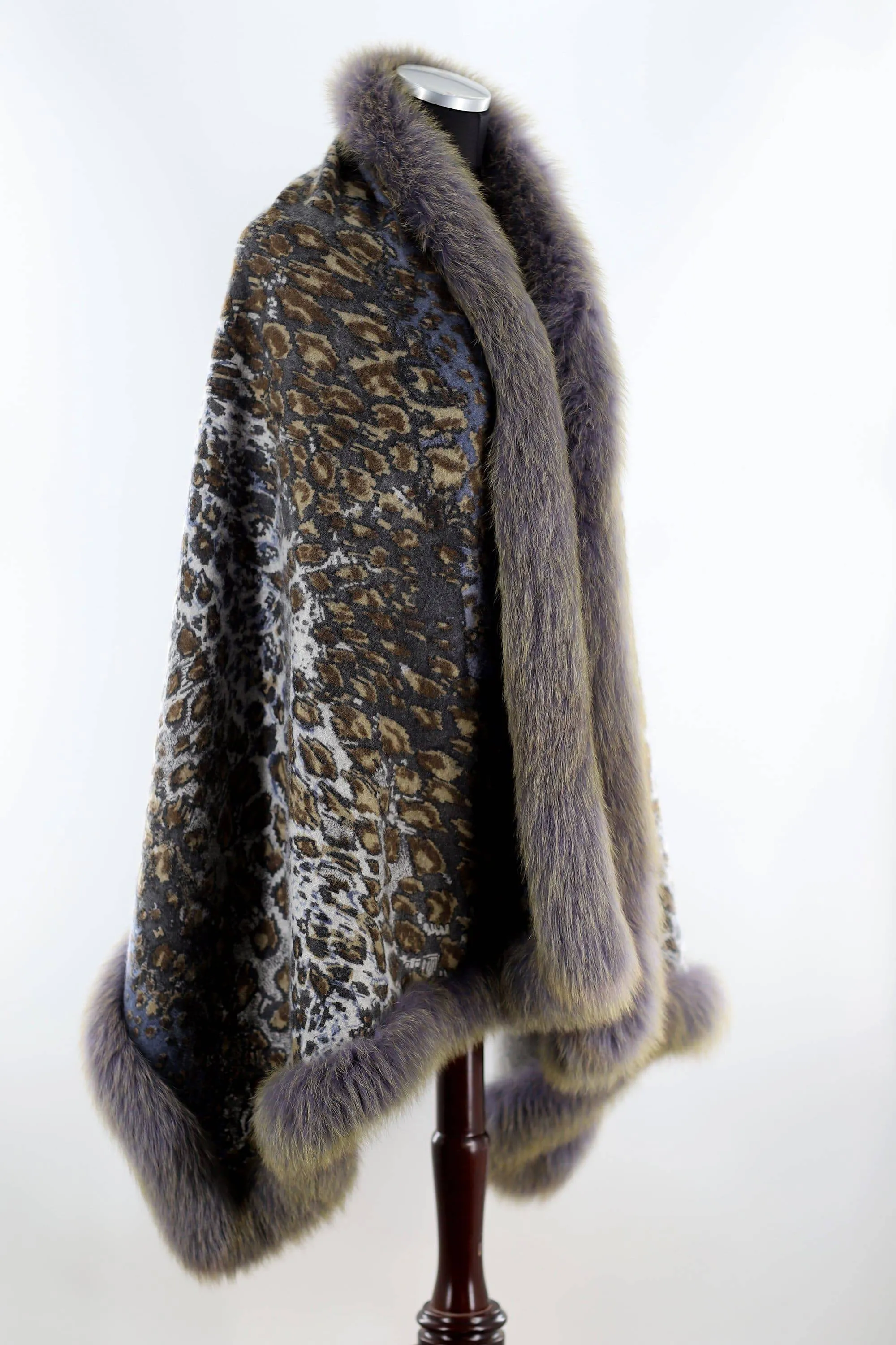 Cashmere Fur Trim Wrap -Grey/Teal