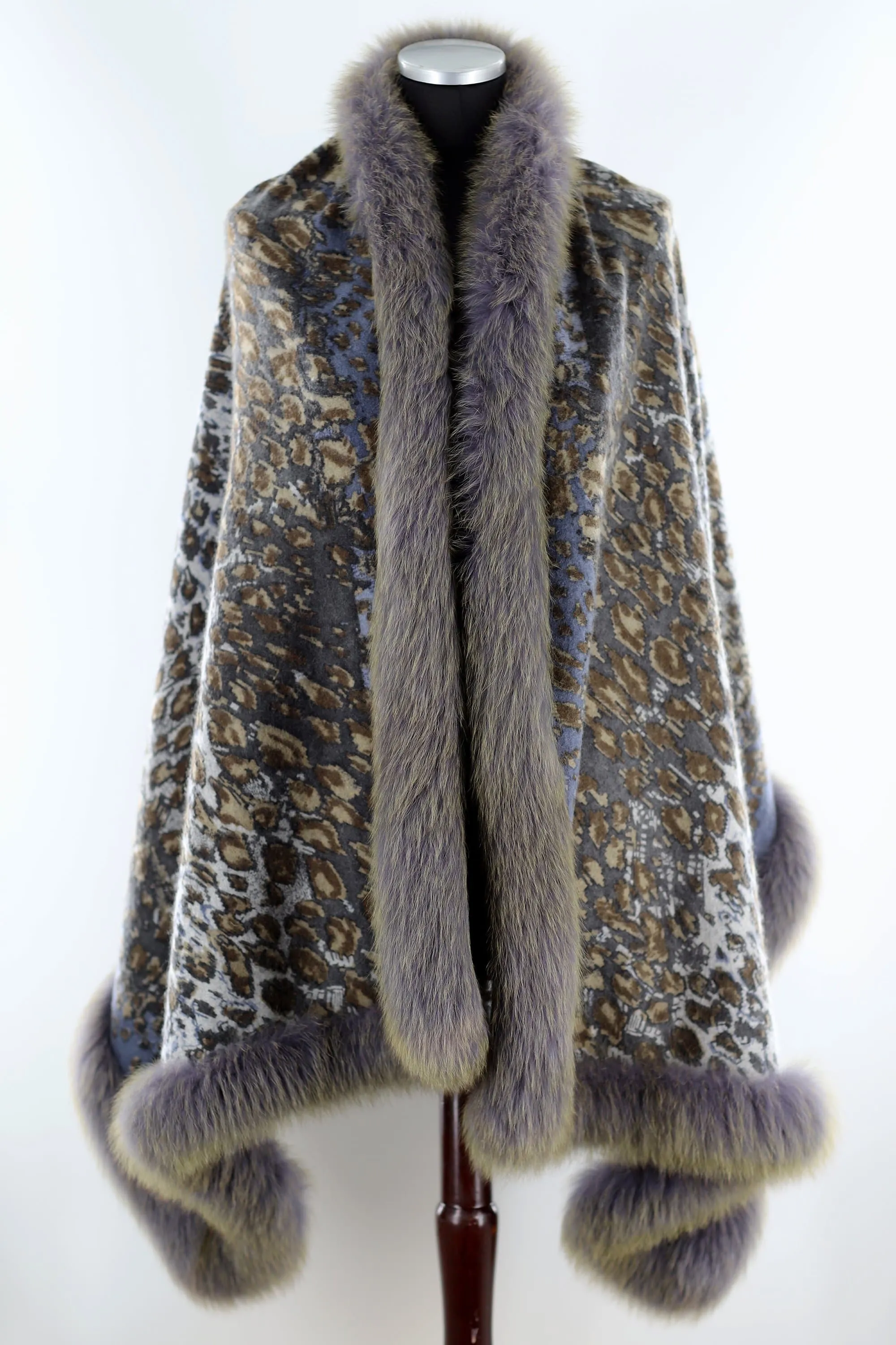 Cashmere Fur Trim Wrap -Grey/Teal