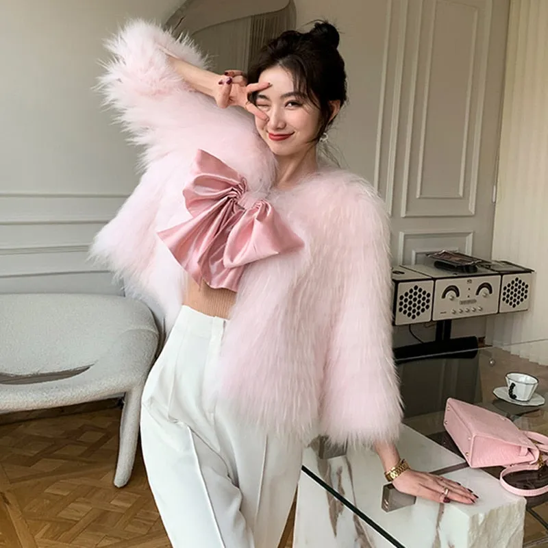 Casual Loose Solid Patchwork Fur Bowknot Coat Female V Neck Long Sleeve Fashion Coats For Women Winter Style