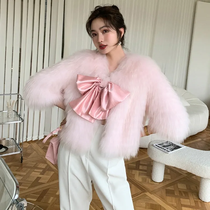 Casual Loose Solid Patchwork Fur Bowknot Coat Female V Neck Long Sleeve Fashion Coats For Women Winter Style