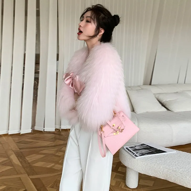 Casual Loose Solid Patchwork Fur Bowknot Coat Female V Neck Long Sleeve Fashion Coats For Women Winter Style