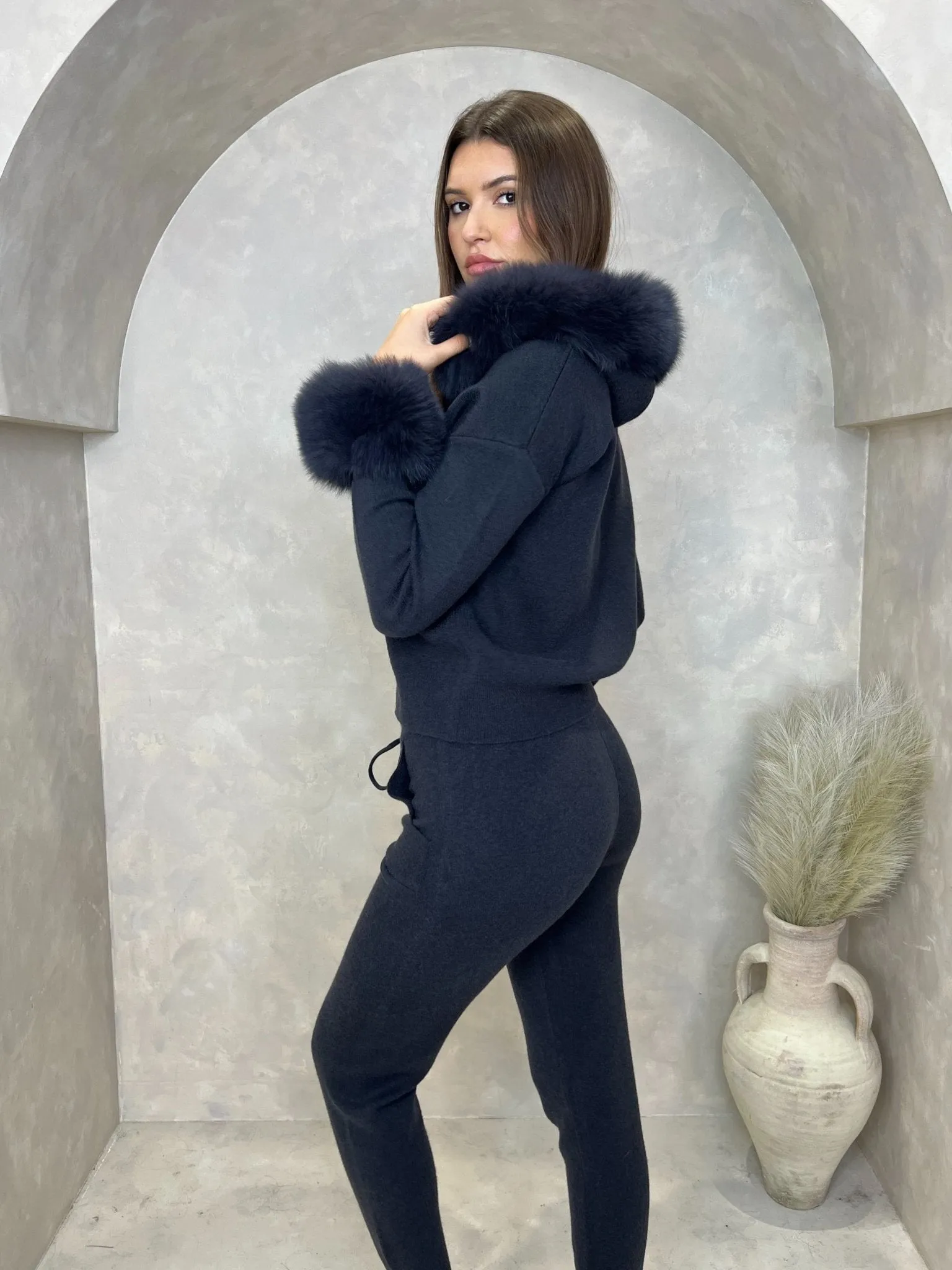 Charcoal Luxury Fur Trim Hood & Cuff Jogger Tracksuit