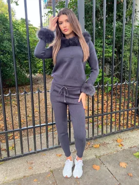 Charcoal Premium Faux Fur Trim Hood & Cuff Jogger Tracksuit