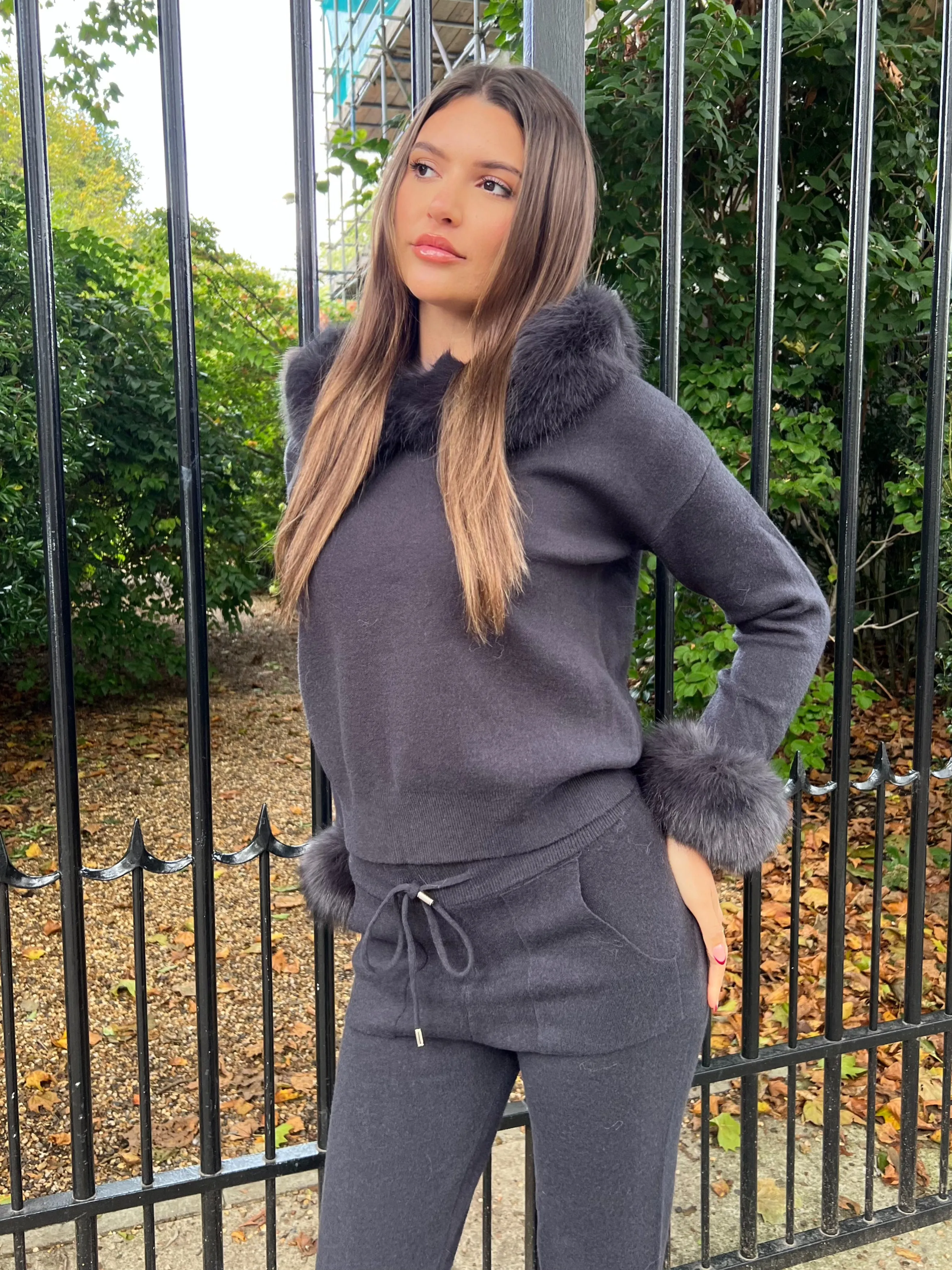 Charcoal Premium Faux Fur Trim Hood & Cuff Jogger Tracksuit