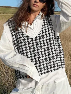 Chicmy-European and American casual women's clothing Round Neck Vest Sleeveless Houndstooth Plaid Knitted Sweater