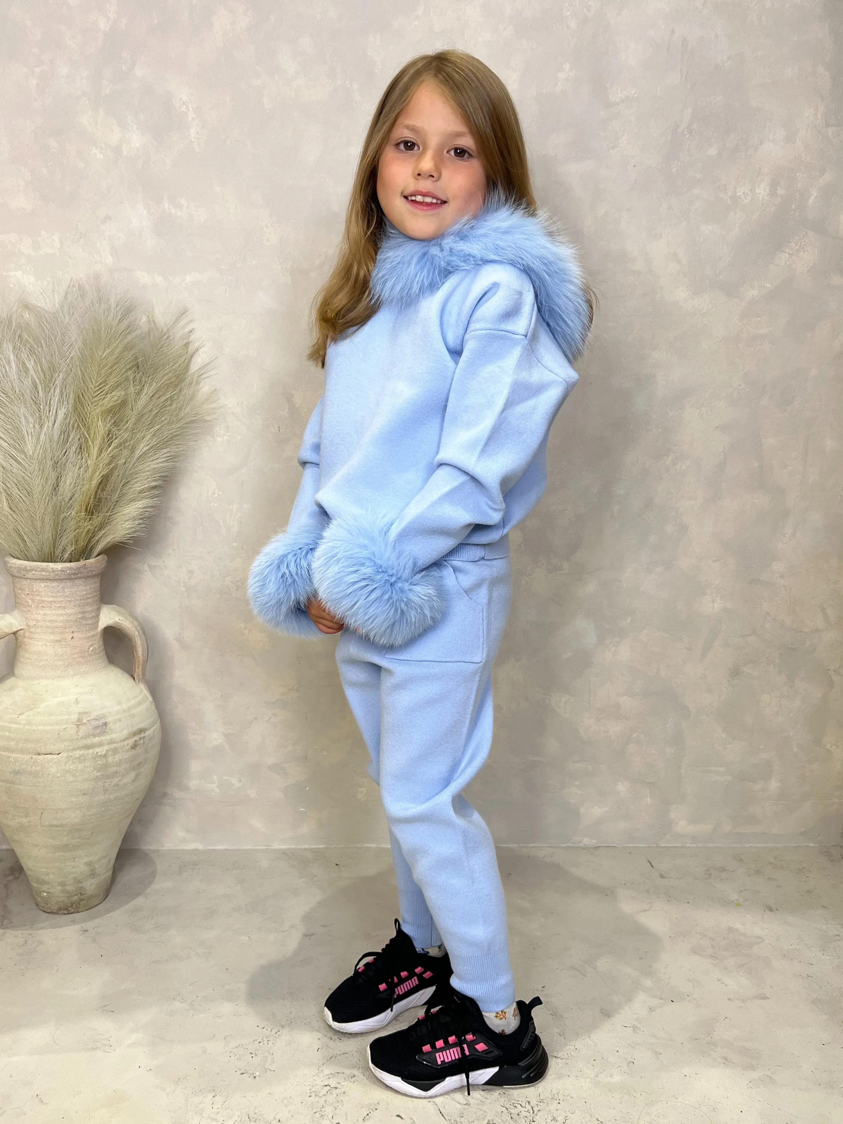 Childrens Baby Blue Luxury Fur Trim Hood & Cuff Tracksuit