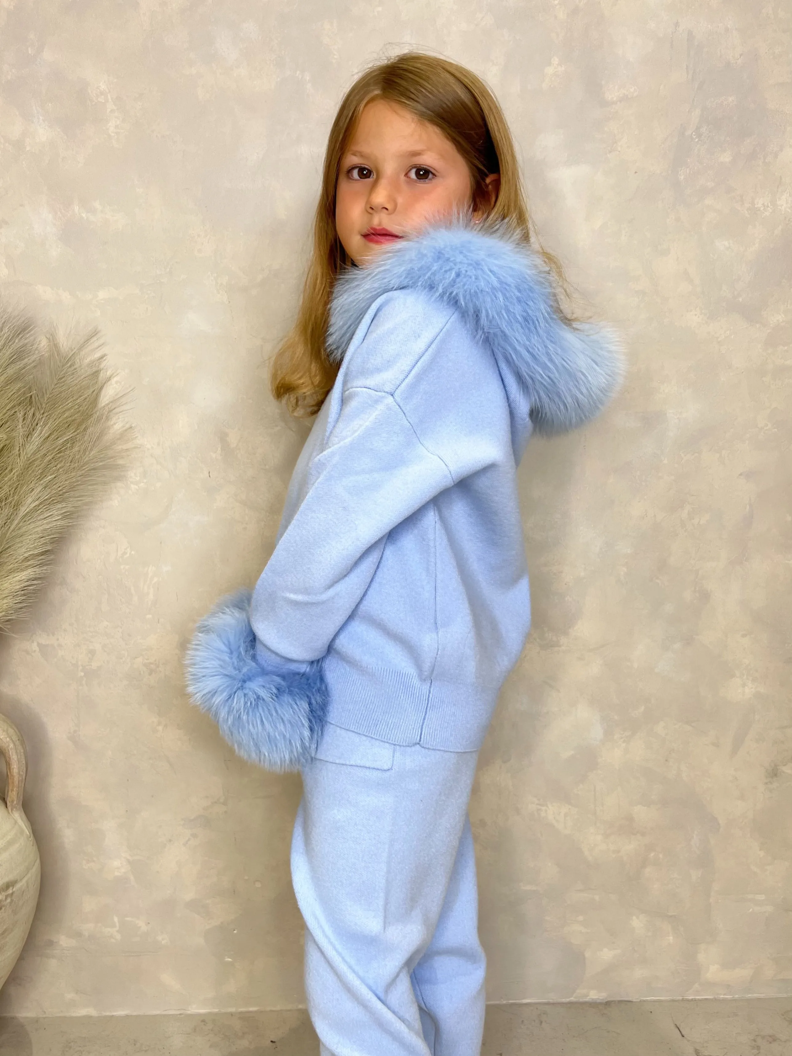 Childrens Baby Blue Luxury Fur Trim Hood & Cuff Tracksuit