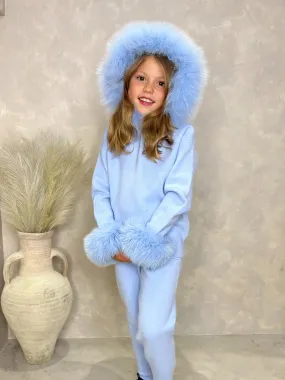 Childrens Baby Blue Luxury Fur Trim Hood & Cuff Tracksuit