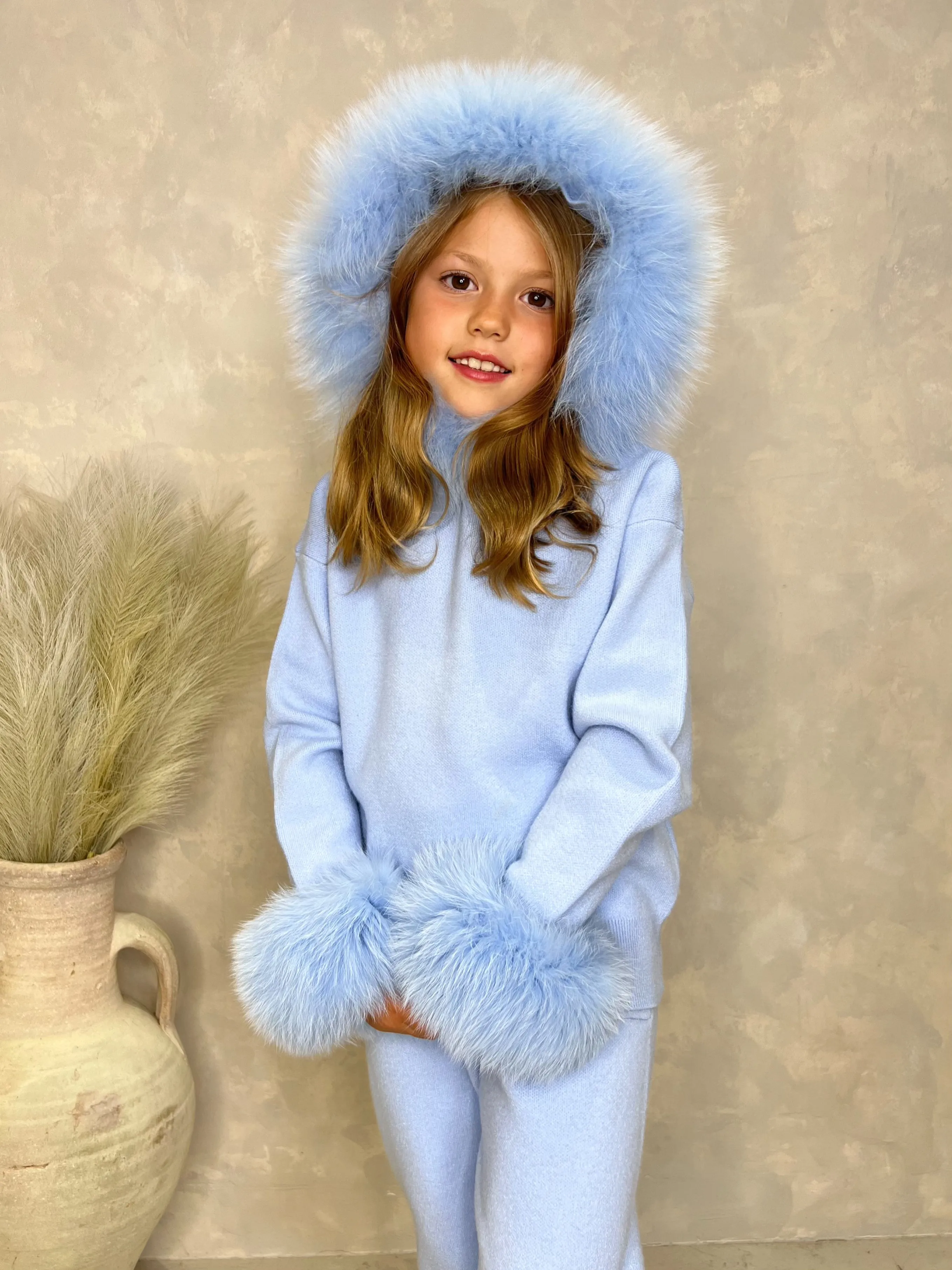 Childrens Baby Blue Luxury Fur Trim Hood & Cuff Tracksuit