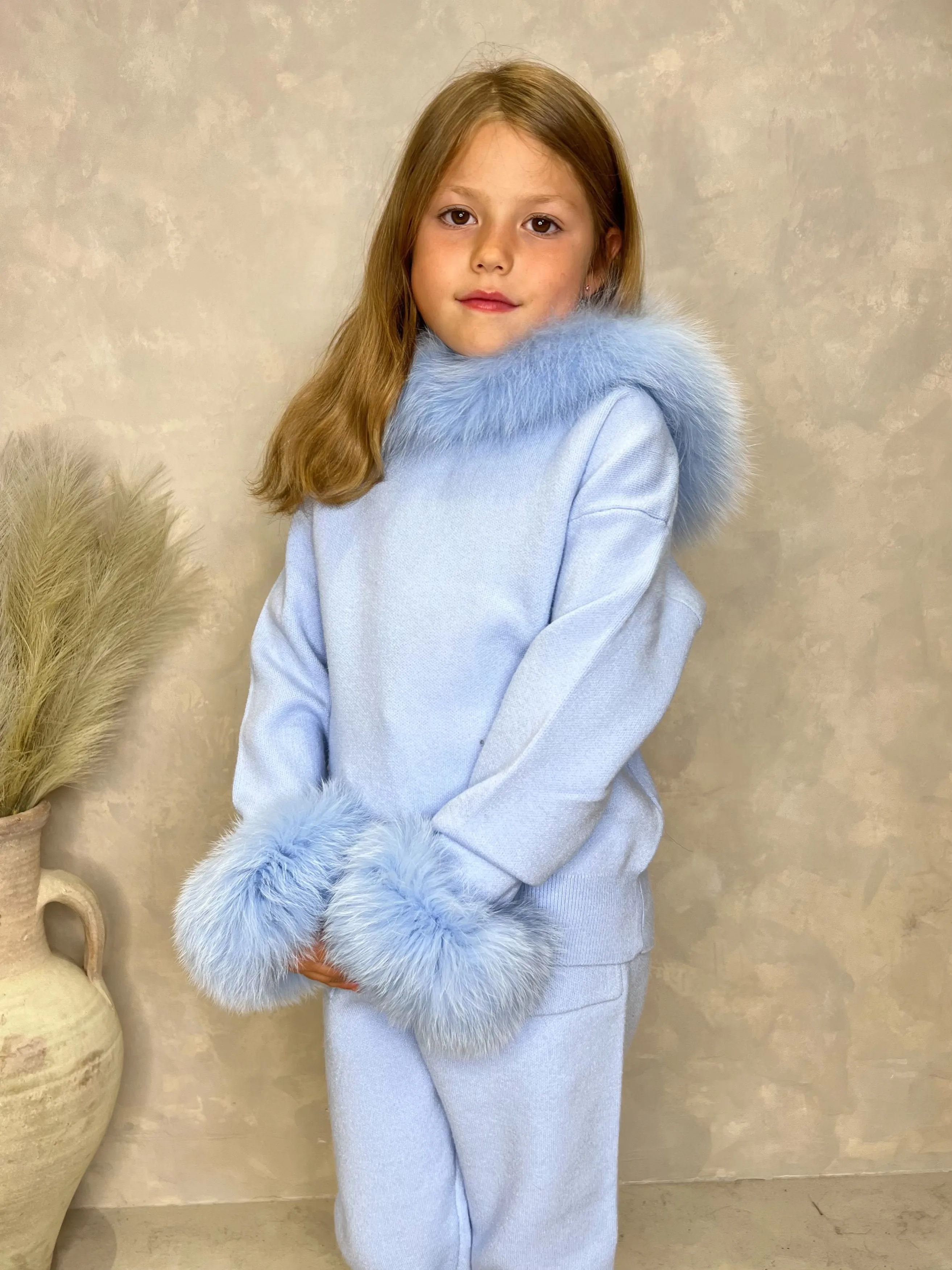 Childrens Baby Blue Luxury Fur Trim Hood & Cuff Tracksuit