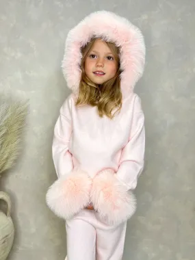 Childrens Baby Pink Luxury Fur Trim Hood & Cuff Tracksuit