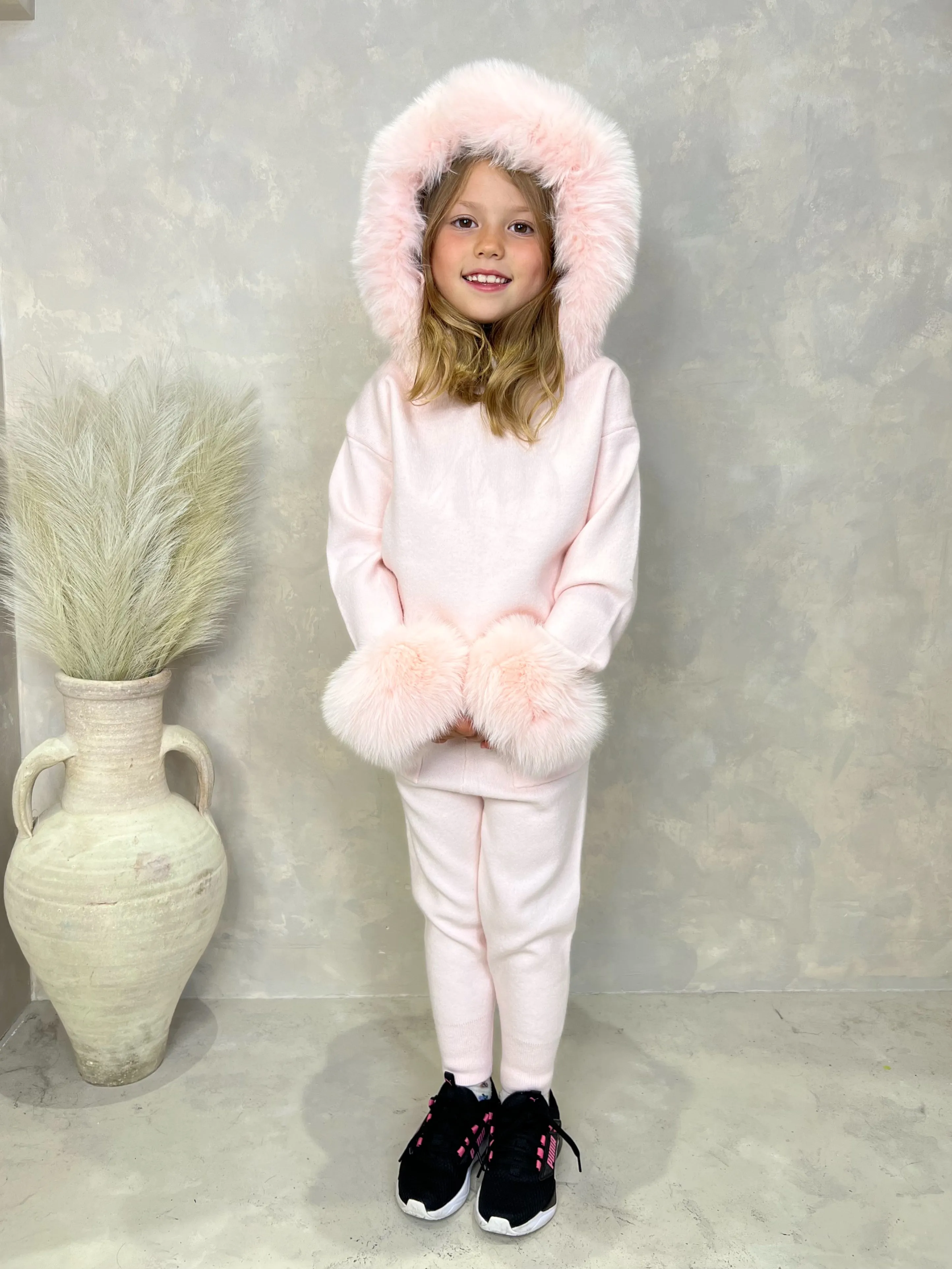 Childrens Baby Pink Luxury Fur Trim Hood & Cuff Tracksuit