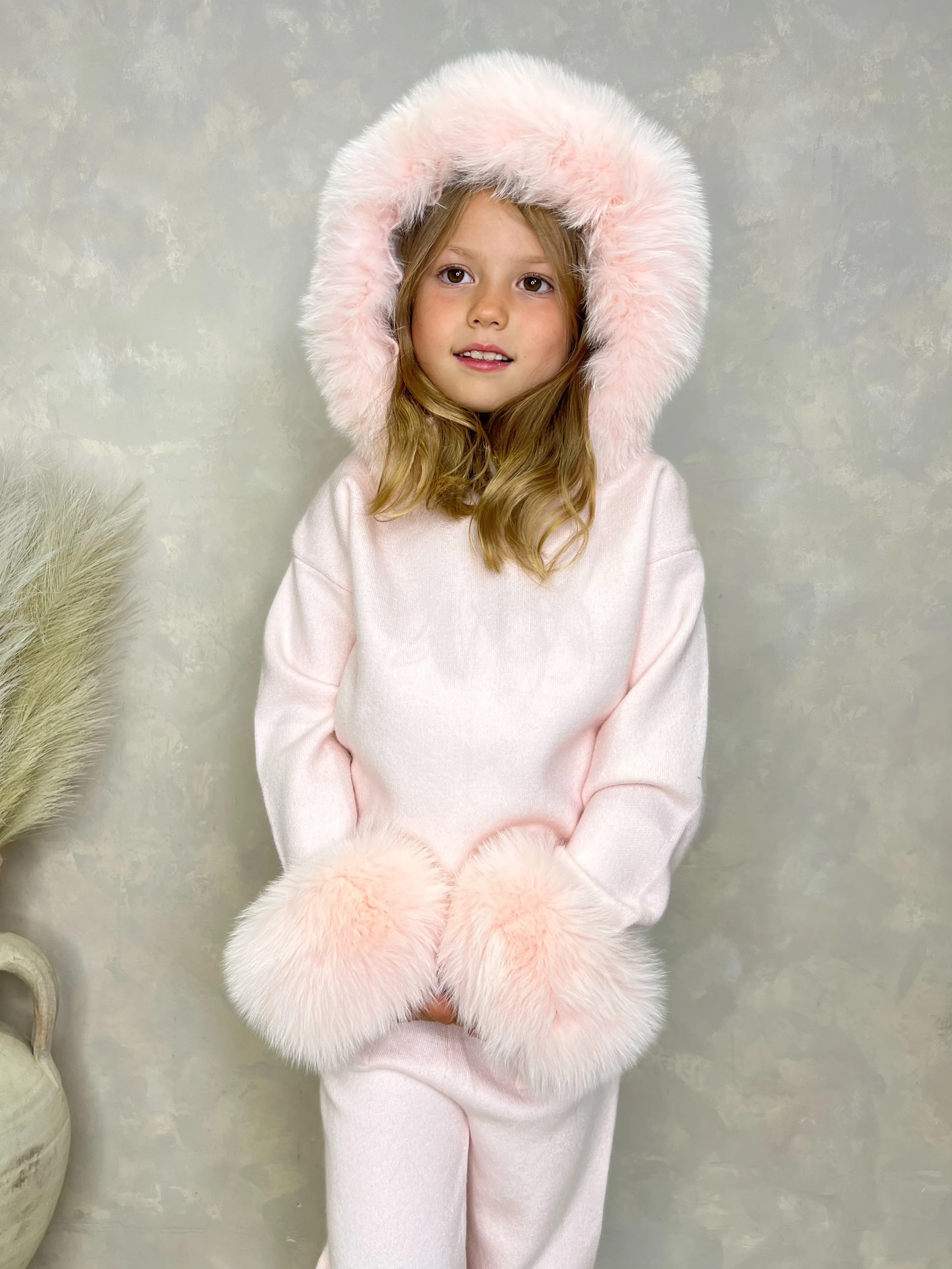 Childrens Baby Pink Luxury Fur Trim Hood & Cuff Tracksuit