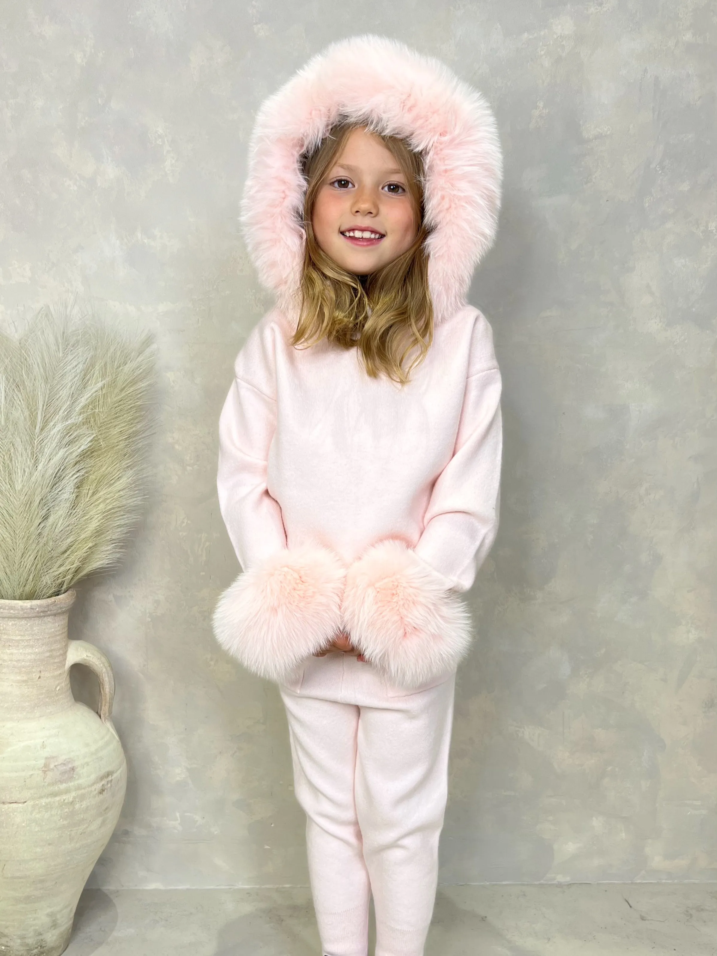 Childrens Baby Pink Luxury Fur Trim Hood & Cuff Tracksuit