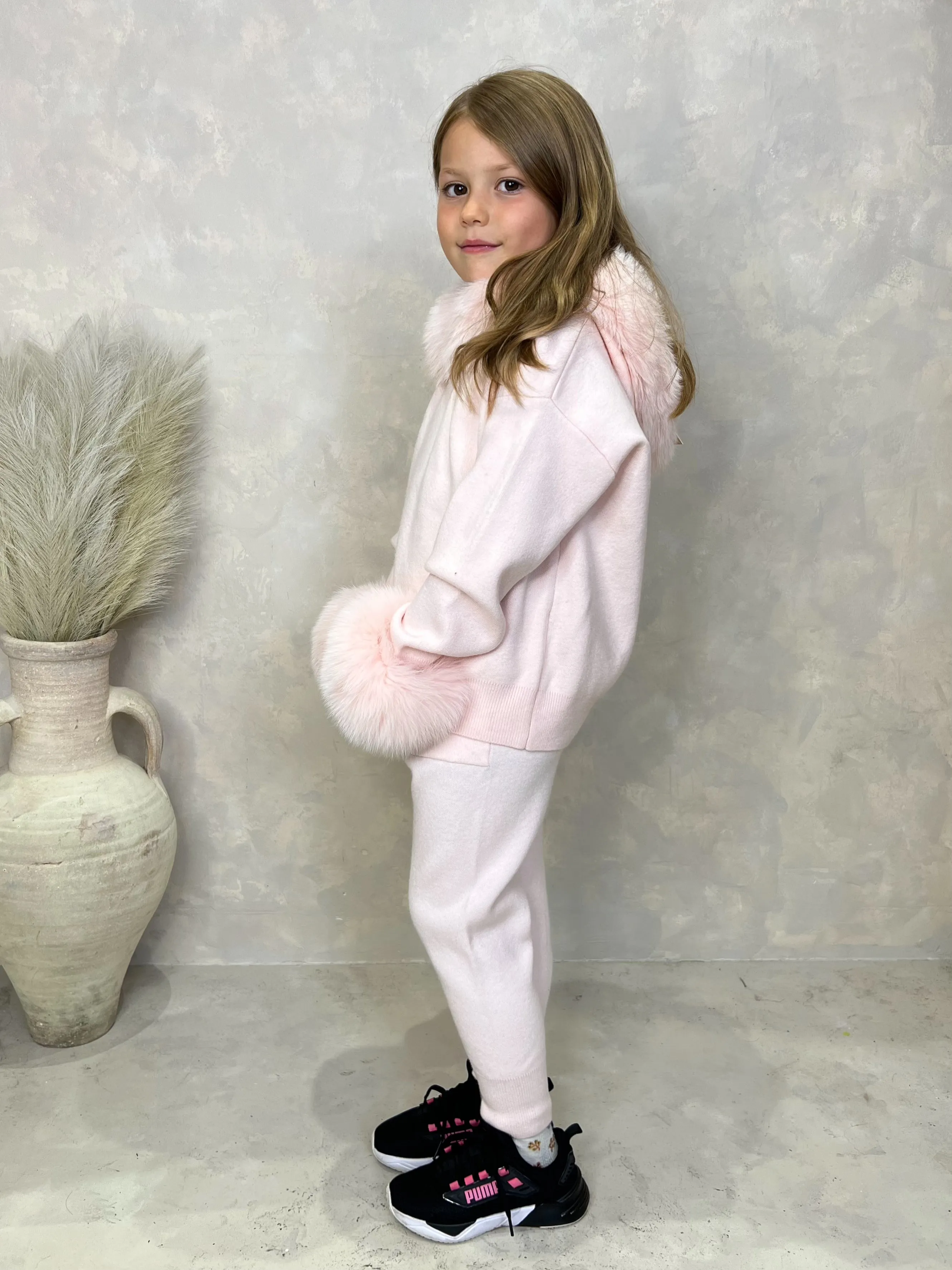 Childrens Baby Pink Luxury Fur Trim Hood & Cuff Tracksuit